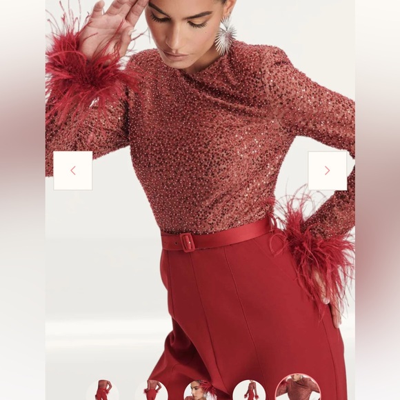 Lavish Alice - Burgundy Beaded Sequin feather trim long sleeve holiday Jumpsuit - Picture 5 of 8